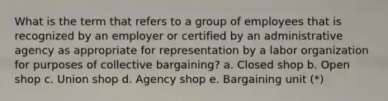 What is the term that refers to a group of employees that is recognized by an employer or certified by an administrative agency as appropriate for representation by a labor organization for purposes of collective bargaining? a. Closed shop b. Open shop c. Union shop d. Agency shop e. Bargaining unit (*)