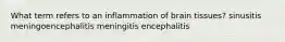 What term refers to an inflammation of brain tissues? sinusitis meningoencephalitis meningitis encephalitis