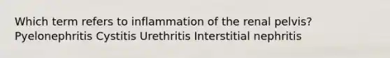 Which term refers to inflammation of the renal pelvis? Pyelonephritis Cystitis Urethritis Interstitial nephritis