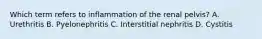 Which term refers to inflammation of the renal pelvis? A. Urethritis B. Pyelonephritis C. Interstitial nephritis D. Cystitis