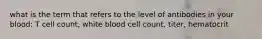 what is the term that refers to the level of antibodies in your blood: T cell count, white blood cell count, titer, hematocrit