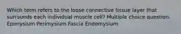 Which term refers to the loose connective tissue layer that surrounds each individual muscle cell? Multiple choice question. Epimysium Perimysium Fascia Endomysium