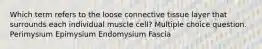 Which term refers to the loose connective tissue layer that surrounds each individual muscle cell? Multiple choice question. Perimysium Epimysium Endomysium Fascia