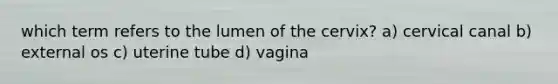 which term refers to the lumen of the cervix? a) cervical canal b) external os c) uterine tube d) vagina