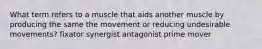 What term refers to a muscle that aids another muscle by producing the same the movement or reducing undesirable movements? fixator synergist antagonist prime mover