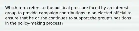 Which term refers to the political pressure faced by an interest group to provide campaign contributions to an elected official to ensure that he or she continues to support the group's positions in the policy-making process?