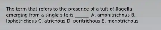 The term that refers to the presence of a tuft of flagella emerging from a single site is ______. A. amphitrichous B. lophotrichous C. atrichous D. peritrichous E. monotrichous