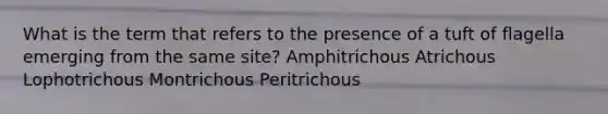 What is the term that refers to the presence of a tuft of flagella emerging from the same site? Amphitrichous Atrichous Lophotrichous Montrichous Peritrichous