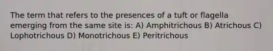 The term that refers to the presences of a tuft or flagella emerging from the same site is: A) Amphitrichous B) Atrichous C) Lophotrichous D) Monotrichous E) Peritrichous