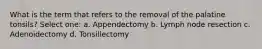 What is the term that refers to the removal of the palatine tonsils? Select one: a. Appendectomy b. Lymph node resection c. Adenoidectomy d. Tonsillectomy