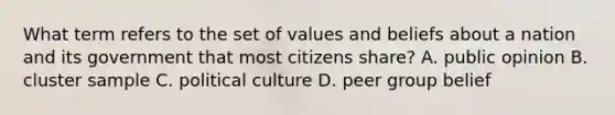 What term refers to the set of values and beliefs about a nation and its government that most citizens share? A. public opinion B. cluster sample C. political culture D. peer group belief