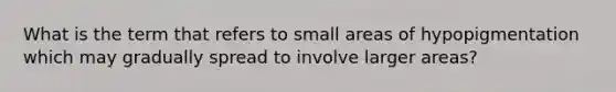 What is the term that refers to small areas of hypopigmentation which may gradually spread to involve larger areas?