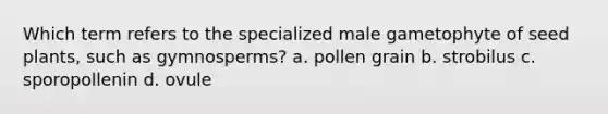 Which term refers to the specialized male gametophyte of seed plants, such as gymnosperms? a. pollen grain b. strobilus c. sporopollenin d. ovule