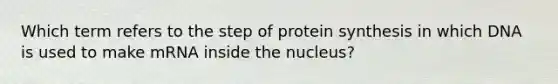 Which term refers to the step of protein synthesis in which DNA is used to make mRNA inside the nucleus?