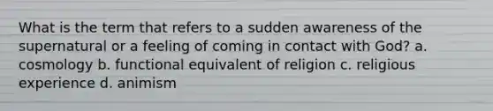 What is the term that refers to a sudden awareness of the supernatural or a feeling of coming in contact with God? a. cosmology b. functional equivalent of religion c. religious experience d. animism
