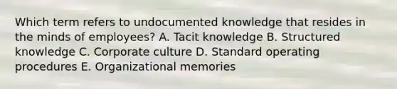 Which term refers to undocumented knowledge that resides in the minds of​ employees? A. Tacit knowledge B. Structured knowledge C. Corporate culture D. Standard operating procedures E. Organizational memories