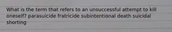 What is the term that refers to an unsuccessful attempt to kill oneself? parasuicide fratricide subintentional death suicidal shorting