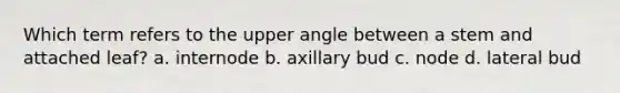 Which term refers to the upper angle between a stem and attached leaf? a. internode b. axillary bud c. node d. lateral bud