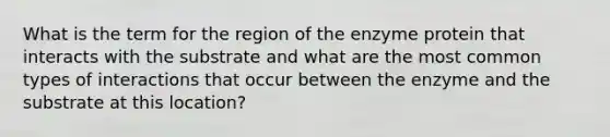 What is the term for the region of the enzyme protein that interacts with the substrate and what are the most common types of interactions that occur between the enzyme and the substrate at this location?