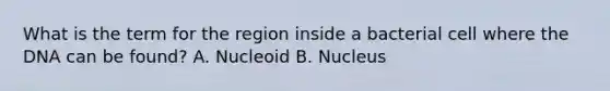 What is the term for the region inside a bacterial cell where the DNA can be found? A. Nucleoid B. Nucleus