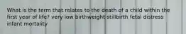 What is the term that relates to the death of a child within the first year of life? very low birthweight stillbirth fetal distress infant mortality