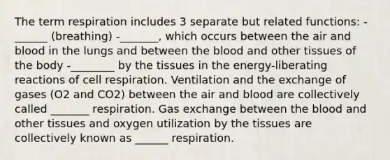 The term respiration includes 3 separate but related functions: -______ (breathing) -_______, which occurs between the air and blood in the lungs and between the blood and other tissues of the body -________ by the tissues in the energy-liberating reactions of cell respiration. Ventilation and the exchange of gases (O2 and CO2) between the air and blood are collectively called _______ respiration. Gas exchange between the blood and other tissues and oxygen utilization by the tissues are collectively known as ______ respiration.