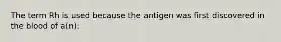 The term Rh is used because the antigen was first discovered in the blood of a(n):