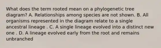 What does the term rooted mean on a phylogenetic tree diagram? A. Relationships among species are not shown. B. All organisms represented in the diagram relate to a single ancestral lineage . C. A single lineage evolved into a distinct new one . D. A lineage evolved early from the root and remains unbranched