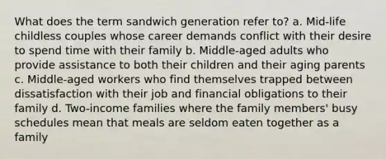 What does the term sandwich generation refer to? a. Mid-life childless couples whose career demands conflict with their desire to spend time with their family b. Middle-aged adults who provide assistance to both their children and their aging parents c. Middle-aged workers who find themselves trapped between dissatisfaction with their job and financial obligations to their family d. Two-income families where the family members' busy schedules mean that meals are seldom eaten together as a family