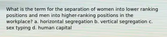 What is the term for the separation of women into lower ranking positions and men into higher-ranking positions in the workplace? a. horizontal segregation b. vertical segregation c. sex typing d. <a href='https://www.questionai.com/knowledge/kcnHQzWfIe-human-capital' class='anchor-knowledge'>human capital</a>