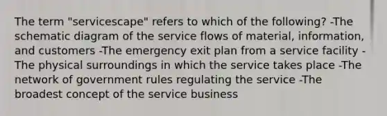 The term "servicescape" refers to which of the following? -The schematic diagram of the service flows of material, information, and customers -The emergency exit plan from a service facility -The physical surroundings in which the service takes place -The network of government rules regulating the service -The broadest concept of the service business