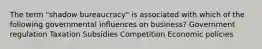 The term "shadow bureaucracy" is associated with which of the following governmental influences on business? Government regulation Taxation Subsidies Competition Economic policies