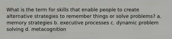 What is the term for skills that enable people to create alternative strategies to remember things or solve problems? a. memory strategies b. executive processes c. dynamic problem solving d. metacognition