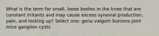 What is the term for small, loose bodies in the knee that are constant irritants and may cause excess synovial production, pain, and locking up? Select one: genu valgum bunions joint mice ganglion cysts