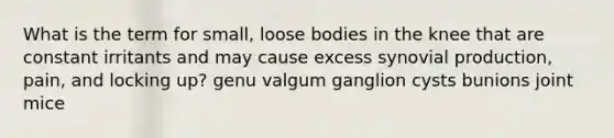 What is the term for small, loose bodies in the knee that are constant irritants and may cause excess synovial production, pain, and locking up? genu valgum ganglion cysts bunions joint mice