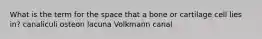 What is the term for the space that a bone or cartilage cell lies in? canaliculi osteon lacuna Volkmann canal