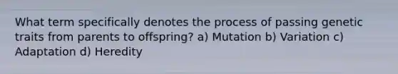 What term specifically denotes the process of passing genetic traits from parents to offspring? a) Mutation b) Variation c) Adaptation d) Heredity