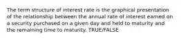 The term structure of interest rate is the graphical presentation of the relationship between the annual rate of interest earned on a security purchased on a given day and held to maturity and the remaining time to maturity. TRUE/FALSE