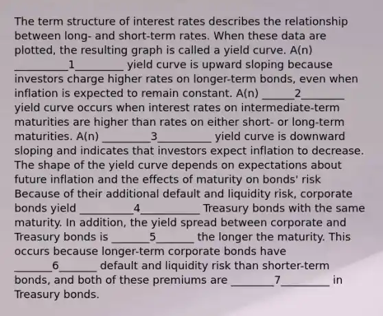 The term structure of interest rates describes the relationship between long- and short-term rates. When these data are plotted, the resulting graph is called a yield curve. A(n) __________1_________ yield curve is upward sloping because investors charge higher rates on longer-term bonds, even when inflation is expected to remain constant. A(n) ______2________ yield curve occurs when interest rates on intermediate-term maturities are higher than rates on either short- or long-term maturities. A(n) _________3__________ yield curve is downward sloping and indicates that investors expect inflation to decrease. The shape of the yield curve depends on expectations about future inflation and the effects of maturity on bonds' risk Because of their additional default and liquidity risk, corporate bonds yield __________4___________ Treasury bonds with the same maturity. In addition, the yield spread between corporate and Treasury bonds is _______5_______ the longer the maturity. This occurs because longer-term corporate bonds have _______6_______ default and liquidity risk than shorter-term bonds, and both of these premiums are ________7_________ in Treasury bonds.