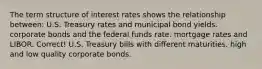 The term structure of interest rates shows the relationship between: U.S. Treasury rates and municipal bond yields. corporate bonds and the federal funds rate. mortgage rates and LIBOR. Correct! U.S. Treasury bills with different maturities. high and low quality corporate bonds.