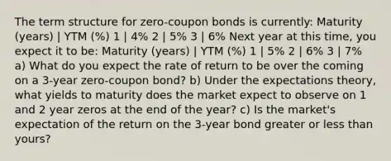 The term structure for zero-coupon bonds is currently: Maturity (years) | YTM (%) 1 | 4% 2 | 5% 3 | 6% Next year at this time, you expect it to be: Maturity (years) | YTM (%) 1 | 5% 2 | 6% 3 | 7% a) What do you expect the rate of return to be over the coming on a 3-year zero-coupon bond? b) Under the expectations theory, what yields to maturity does the market expect to observe on 1 and 2 year zeros at the end of the year? c) Is the market's expectation of the return on the 3-year bond greater or less than yours?