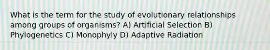 What is the term for the study of evolutionary relationships among groups of organisms? A) Artificial Selection B) Phylogenetics C) Monophyly D) Adaptive Radiation