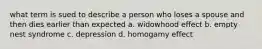 what term is sued to describe a person who loses a spouse and then dies earlier than expected a. widowhood effect b. empty nest syndrome c. depression d. homogamy effect