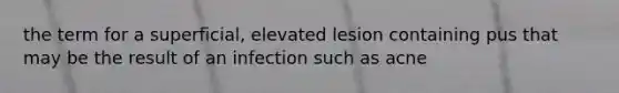 the term for a superficial, elevated lesion containing pus that may be the result of an infection such as acne