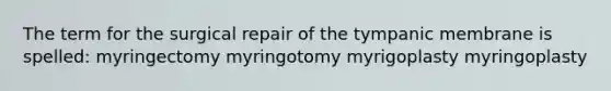 The term for the surgical repair of the tympanic membrane is spelled: myringectomy myringotomy myrigoplasty myringoplasty