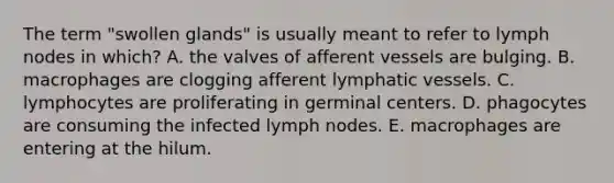 The term "swollen glands" is usually meant to refer to lymph nodes in which? A. the valves of afferent vessels are bulging. B. macrophages are clogging afferent lymphatic vessels. C. lymphocytes are proliferating in germinal centers. D. phagocytes are consuming the infected lymph nodes. E. macrophages are entering at the hilum.