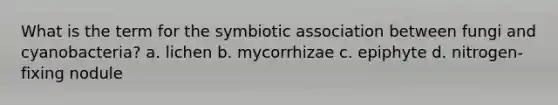 What is the term for the symbiotic association between fungi and cyanobacteria? a. lichen b. mycorrhizae c. epiphyte d. nitrogen-fixing nodule