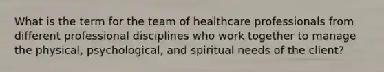 What is the term for the team of healthcare professionals from different professional disciplines who work together to manage the physical, psychological, and spiritual needs of the client?