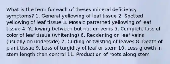 What is the term for each of theses mineral deficiency symptoms? 1. General yellowing of leaf tissue 2. Spotted yellowing of leaf tissue 3. Mosaic patterned yellowing of leaf tissue 4. Yellowing between but not on veins 5. Complete loss of color of leaf tissue (whitening) 6. Reddening on leaf veins (usually on underside) 7. Curling or twisting of leaves 8. Death of plant tissue 9. Loss of turgidity of leaf or stem 10. Less growth in stem length than control 11. Production of roots along stem