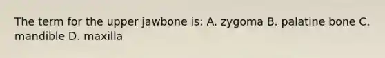 The term for the upper jawbone is: A. zygoma B. palatine bone C. mandible D. maxilla